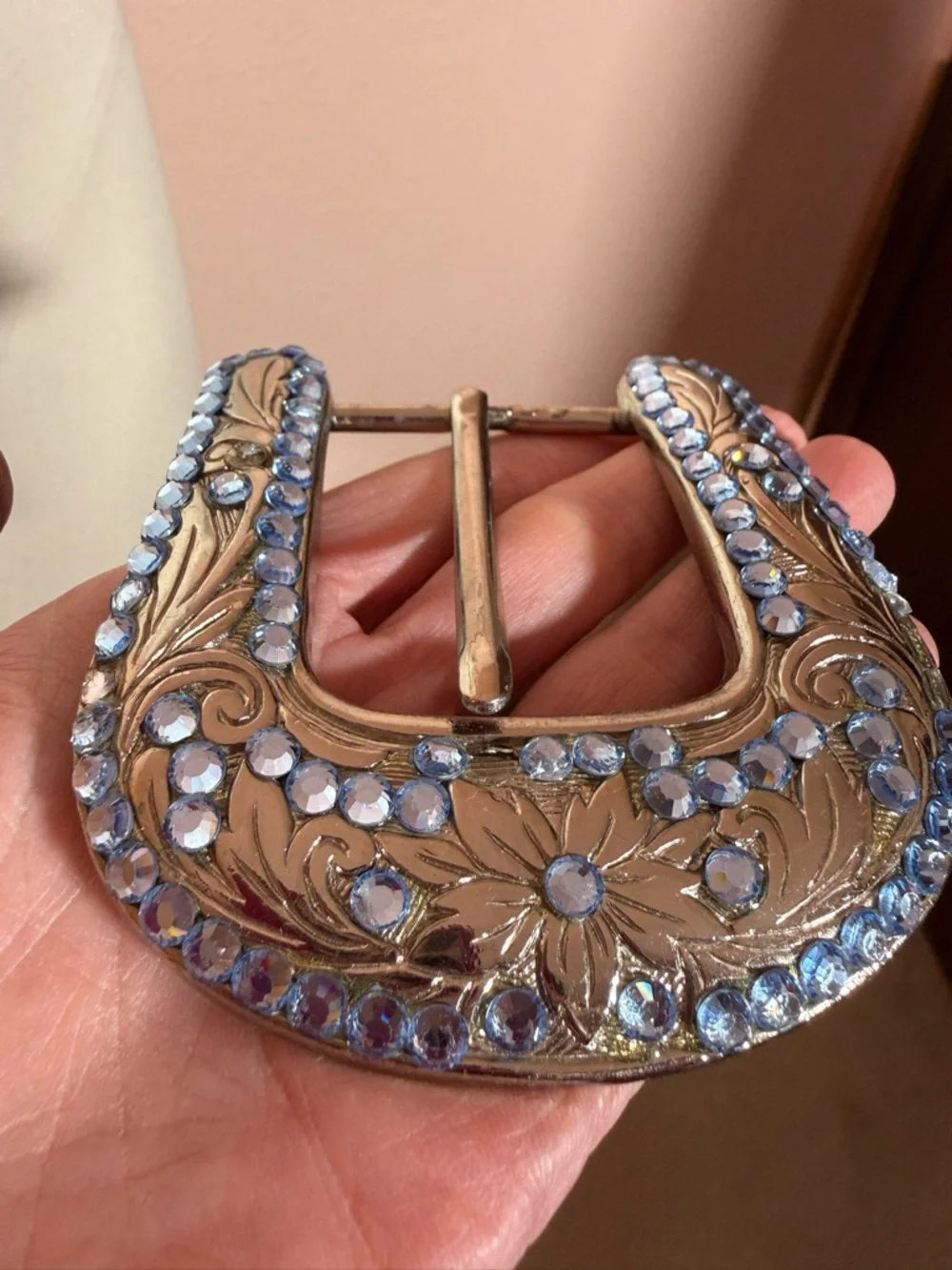 B.B. Simon Blue crystal Etched Silver Metal Oversized Western Belt Buckle